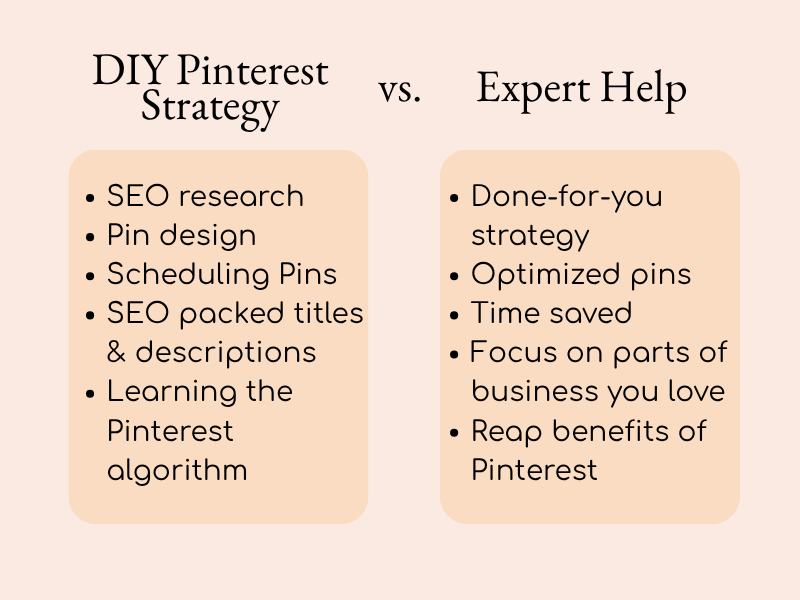 DIY Pinterest Strategy vs. Expert Help: Which Is Right for You? Comparison chart showing DIY Pinterest strategy versus hiring expert help, highlighting pros and cons of each approach.
